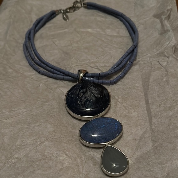 Chico's Jewelry - Chico's Blue and Silver Necklace with Multi-Strand Cord and Oval Pendant